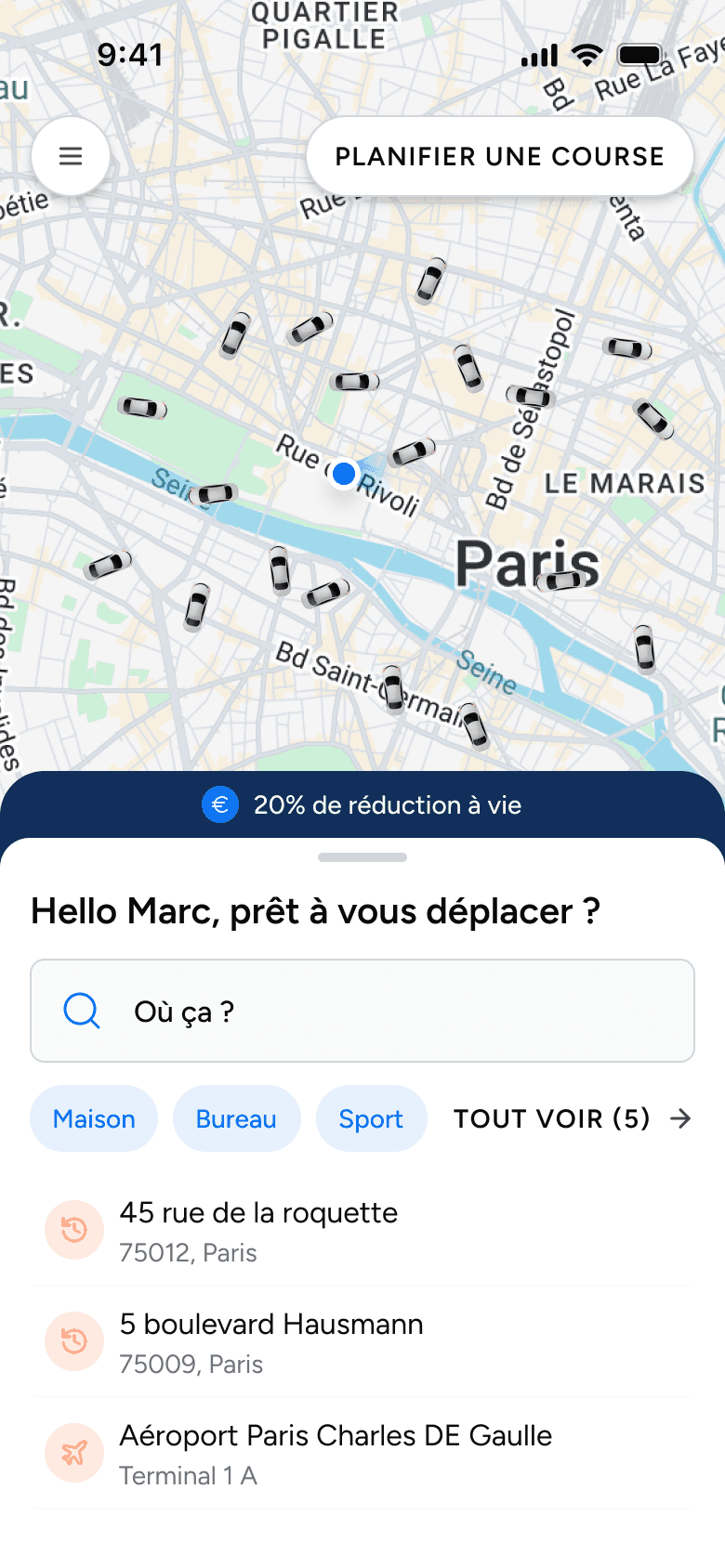 Application Up! passager : réservation d'un trajet dans Paris