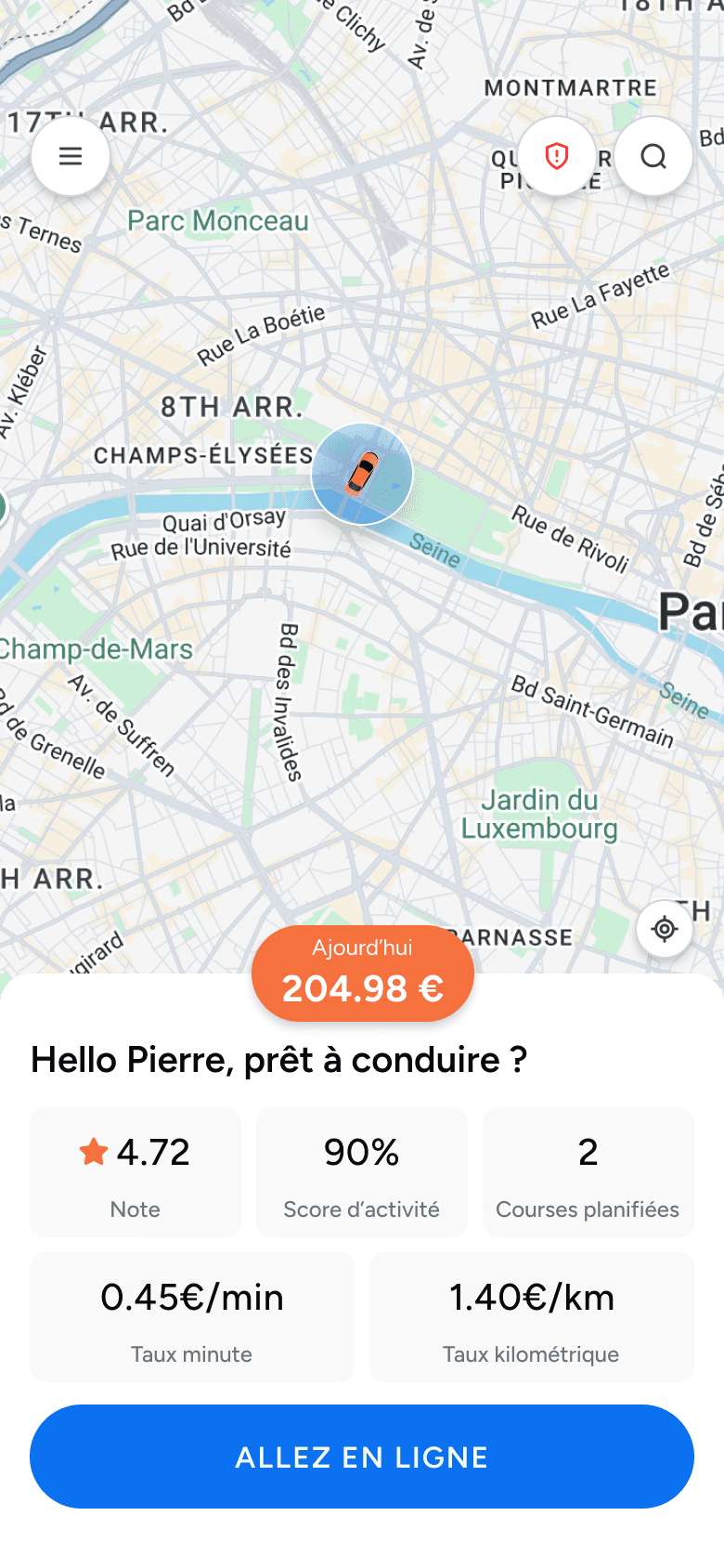 Écran d'accueil Up! Driver : gains du jour, note, taux au km et à la minute