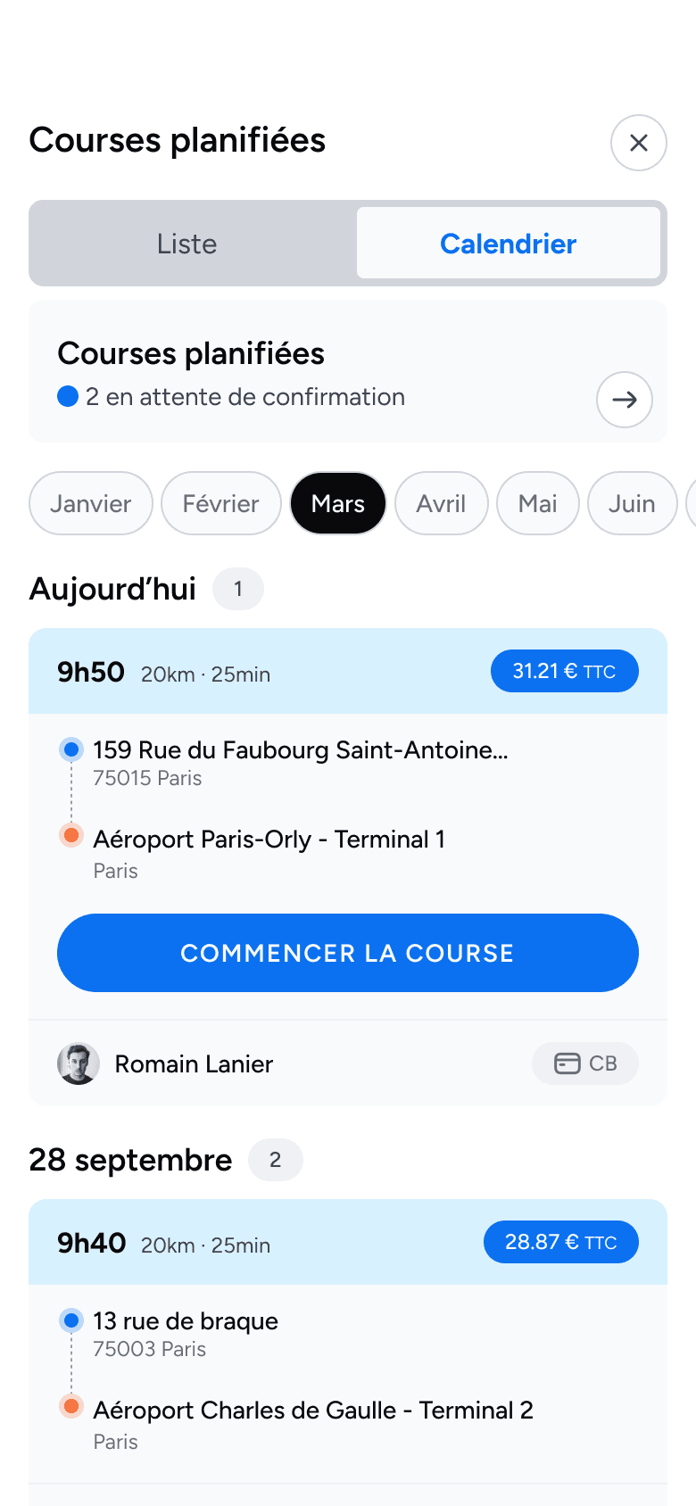 Courses planifiées dans l'app Up! Driver